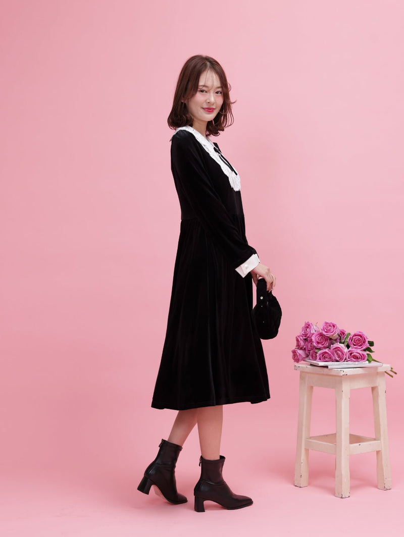 Crystal Collar Velour Dress - MAISON MARBLE
