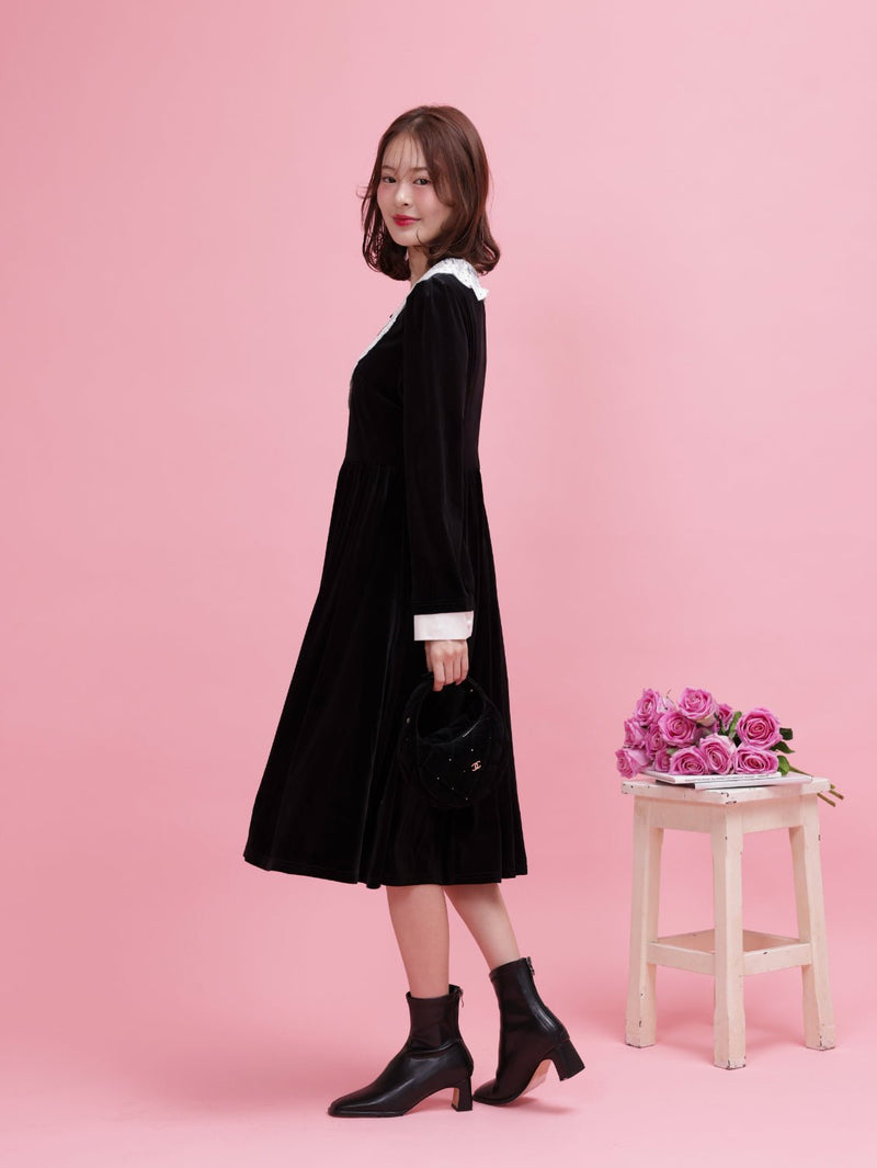 Crystal Collar Velour Dress - MAISON MARBLE