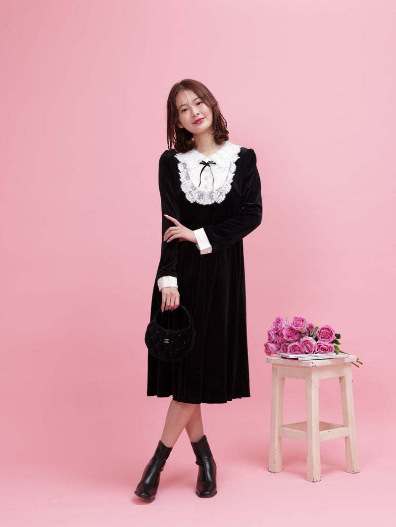 Crystal Collar Velour Dress - MAISON MARBLE
