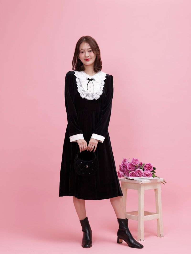 Crystal Collar Velour Dress - MAISON MARBLE